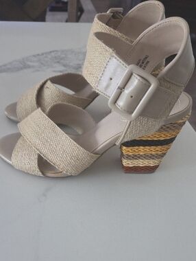 Woven Beige Strappy Block Heel Sandals
